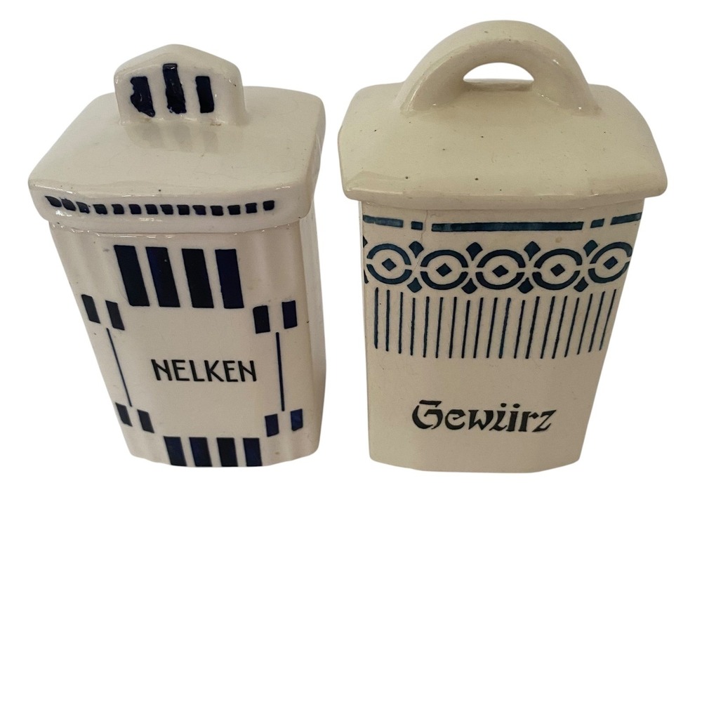 Vintage German Ceramic Spice‎ Canisters Nelken Gewurz Blue White Art Deco Set 2